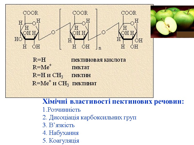 Хімічні властивості пектинових речовин: 1.Розчинність 2. Дисоціація карбоксильних груп 3. В’язкість 4. Набухання 5.
